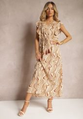 Beżowa Rozkloszowana Sukienka z Guzikami i Gumką w Talii Mottella. Brązowe sukienki damskie Renee, bez wzorów, eleganckie, bez ramiączek. W wyprzedaży za 83.99 zł.