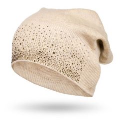 Czapka z kryształkami beżowa Peterson PTN HAT-01. Brązowe czapki damskie Peterson, na jesień, bez wzorów, z dzianiny. Za 50.00 zł.