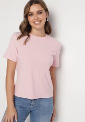 Różowy Wiskozowy T-shirt w Klasycznym Stylu Arivoria. Czerwone t-shirty damskie Born2be, m, z aplikacjami, z jeansu, bez kołnierzyka. Za 44.99 zł.