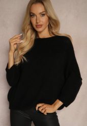 Czarny Sweter z Wełną z Alpaki i Krótszym Rękawem Irissania. Czarne swetry klasyczne damskie Renee, z wełny, bez kołnierzyka. Za 159.99 zł.