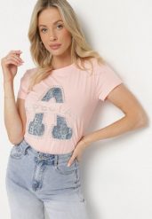 Różowy Bawełniany T-shirt Ozdobiony Napisem i Cyrkoniami Isnorea. Czerwone t-shirty damskie Born2be, m, bez wzorów, z bawełny, bez kołnierzyka. Za 34.99 zł.