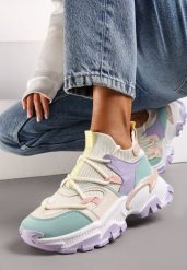 Fioletowo-Zielone Sneakersy w Skarpetkowym Stylu z Elastycznym Wiązaniem i Tłoczoną Podeszwą Ielene. Fioletowe obuwie sportowe damskie Renee, z jeansu, bez zapięcia. Za 69.99 zł.