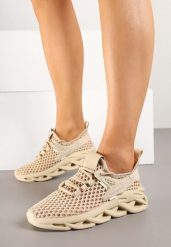 Ciemnobeżowe Siateczkowe Buty Sportowe Sneakersy na Grubej Tłoczonej Podeszwie Telarienna. Brązowe obuwie sportowe casual damskie Born2be, z jeansu. Za 79.99 zł.