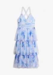 Sukienka midi z delikatnego tiulu z falbanami. Niebieskie sukienki damskie bonprix, bez wzorów, z tiulu, bez ramiączek. Za 389.99 zł.