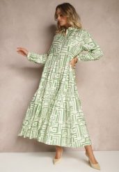 Zielona Rozkloszowana Sukienka z Wiskozą w Geometryczny Print Apirestia. Zielone sukienki damskie Renee, bez wzorów, z wiskozy, eleganckie, bez ramiączek. W wyprzedaży za 111.99 zł.