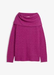 Sweter we wzór w warkocze. Fioletowe swetry klasyczne damskie bonprix, xxl, bez kołnierzyka. Za 119.99 zł.