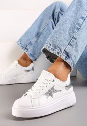 Białe Sneakersy na Grubej Podeszwie Ozdobione Brokatem Genivira. Białe obuwie sportowe damskie Born2be, bez zapięcia. Za 84.99 zł.