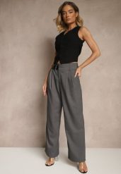 Szare Szerokie Spodnie Garniturowe z Wiskozą High Waist Ozdobione Paskiem Elowanda. Szare spodnie materiałowe damskie Renee, bez wzorów, z jeansu. Za 99.99 zł.