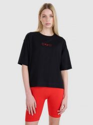 4F T-shirt oversize z nadrukiem damski - czarny XS. Czarne t-shirty damskie 4F, xs, bez wzorów, z bawełny, bez kołnierzyka. W wyprzedaży za 39.99 zł.