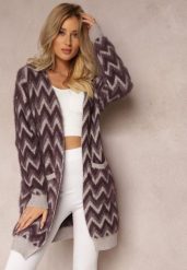 Ciemnofioletowy Niezapinany Kardigan o Przedłużonym Fasonie w Zygzaki Chevron Oherna. Fioletowe kardigany damskie Renee, bez wzorów, z tkaniny. Za 99.99 zł.