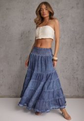 Niebieska Kaskadowa Bawełniana Spódnica High Waist Stylizowana na Denimową Ealnas. Niebieskie spódnice damskie Renee, na co dzień, m, bez wzorów, z bawełny, casualowe, maxi. Za 89.99 zł.