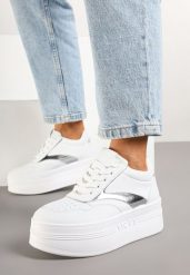 Biało-Srebrne Sneakersy Vices na Grubej Podeszwie Ozdobione Metaliczną Wstawką Nelarwyn. Białe obuwie sportowe damskie Born2be, z jeansu, bez zapięcia. Za 109.99 zł.