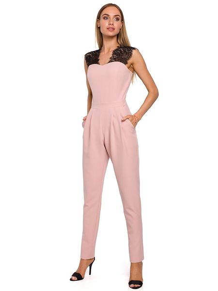 Made of emotion Kombinezon w kolorze jasnoróżowo-czarnym rozmiar: S. Czarne kombinezony damskie Made Of Emotion, s, bez wzorów, z koronki, bez kołnierzyka, bez ramiączek. Za 61.17 zł.