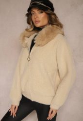 Beżowa Bluza Rozpinana z Wełną i Wiskozą Ozdobiona Futerkiem Vesalttia. Brązowe bluzy damskie Renee, na zimę, l, z aplikacjami, z jeansu, bez kaptura. Za 159.99 zł.
