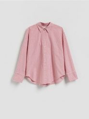 Bawełniana koszula w paski - czerwony. Czerwone koszule damskie Reserved, l, bez wzorów, z bawełny, bez kołnierzyka, bez ramiączek. Za 109.99 zł.