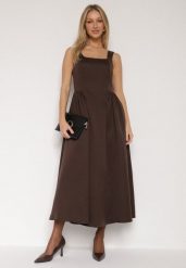 Brązowa Rozkloszowana Sukienka na Szerokich Ramiączkach Reterna. Brązowe sukienki damskie Born2be, bez wzorów, eleganckie, bez ramiączek. Za 159.99 zł.