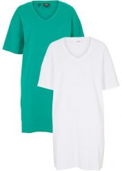 Sukienka shirtowa z dekoltem w serek, oversized (2 szt.). Niebieskie sukienki damskie bonprix, bez wzorów, bez ramiączek. Za 97.99 zł.