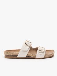 Kremowe klapki z dwoma paskami. Brązowe klapki damskie Ryłko, bez wzorów, ze skóry, z okrągłym noskiem, bez obcasa, na płaskiej podeszwie, bez zapięcia. Za 379.99 zł.