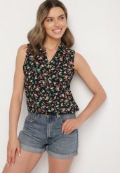 Granatowa Koszula Bez Rękawów w Kwiaty z Wiskozy Sarvina. Niebieskie koszule damskie Born2be, na lato, l, bez wzorów, z wiskozy, eleganckie, bez kołnierzyka, bez ramiączek. Za 39.99 zł.