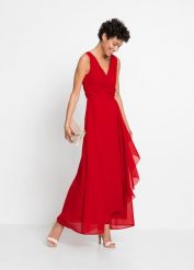 Sukienka z szyfonu z marszczeniem. Czerwone sukienki damskie bonprix, bez wzorów, z szyfonu, eleganckie, bez ramiączek. Za 147.99 zł.
