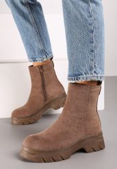Ciemnobeżowe Casualowe Botki z Ekozamszu na Platformie Naolara. Brązowe botki damskie Renee, z jeansu, eleganckie, bez obcasa, na platformie, bez zapięcia. Za 129.99 zł.