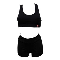 SBP-01 (komplet sportowy - biustonosz + krótkie spodenki). Czarne spodenki sportowe damskie BARNETT, bez wzorów, z elastanu, z podwyższonym stanem, na fitness i siłownię. Za 45.00 zł.