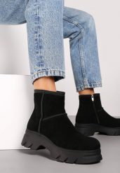 Czarne Ekozamszowe Botki na Grubej Podeszwie Cinzina. Czarne botki damskie Renee, z dzianiny, eleganckie, bez obcasa, na płaskiej podeszwie, bez zapięcia. Za 149.99 zł.