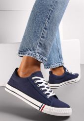Granatowe Trampki przed Kostkę Sznurowane Islatia. Niebieskie trampki damskie Renee, z aplikacjami, z jeansu, przed kostkę, bez zapięcia. Za 49.99 zł.