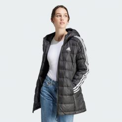 Parka Essentials 3-Stripes Light Down Hooded. Czarne parki damskie Adidas, m, z materiału, bez kaptura. Za 649.00 zł.
