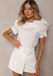 Biały T-shirt z Bawełny Ozdobiony Bufiastymi Falbankami Kandrra. Białe t-shirty damskie Renee, l, bez wzorów, z bawełny, bez kołnierzyka. Za 74.99 zł.