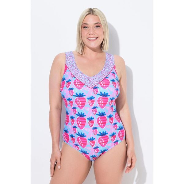 Damski Strój kąpielowy truskawki miękkie miseczki podszewka na całości. Niebieskie stroje jednoczęściowe Ulla Popken, bez wzorów, z elastanu. Za 244.99 zł.