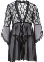 Szlafrok kimono + stringi (kompl. 2-częściowy). Czarne szlafroki damskie bonprix, bez wzorów, bez kaptura. Za 127.99 zł.