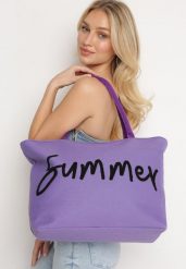 Ciemnofioletowa Letnia Torebka Duża w Stylu Shopperki z Haftowanym Napisem Boznana. Fioletowe shopper bag Born2be, duże, bez dodatków. Za 44.99 zł.