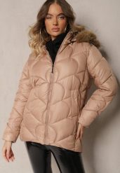 Beżowa Pikowana Kurtka z Kapturem i Futrem z Możliwością Odpięcia Florirra. Brązowe kurtki damskie Renee, l, bez wzorów, z futra, z kapturem. Za 229.99 zł.