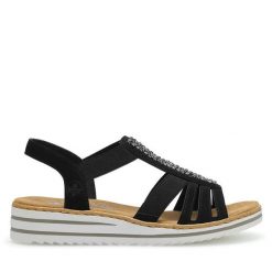 Sandały Rieker. Czarne sandały damskie Rieker, bez wzorów, bez obcasa, na płaskiej podeszwie, bez zapięcia. Za 299.99 zł.