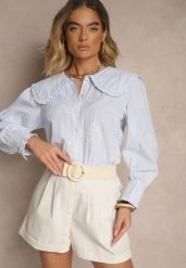 Jasnoniebieska Koszula z Bawełną Ozdobiona Kołnierzykiem Natulissa. Niebieskie koszule damskie Renee, l, bez wzorów, z bawełny, eleganckie, bez kołnierzyka, bez ramiączek. Za 84.99 zł.