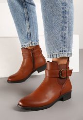 Jasnobrązowe Eleganckie Botki Sztyblety z Klamrą Edelith. Brązowe botki damskie Born2be, biznesowe, bez obcasa, na obcasie, bez zapięcia. Za 59.99 zł.