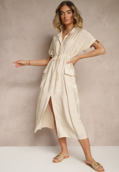 Beżowa Sukienka z Wiskozą o Koszulowym Kroju z Wiązaniem w Pasie Pollivia. Brązowe sukienki damskie Renee, bez wzorów, z wiskozy, klasyczne, bez ramiączek. Za 119.99 zł.