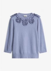 Sweter z rękawami balonowymi. Niebieskie swetry klasyczne damskie bonprix, bez kołnierzyka. Za 129.99 zł.