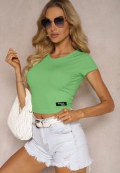 Zielony Prążkowany T-shirt Koszulka z Krótkim Rękawem Opolia. Zielone bluzki damskie Renee, m, bez wzorów, z dzianiny, bez kołnierzyka, bez ramiączek. Za 39.99 zł.