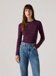Levi's Koszulka w kolorze granatowo-czerwonym rozmiar: L. Niebieskie bluzki damskie Levi's, l, bez wzorów, prążkowane, bez kołnierzyka, bez ramiączek. Za 140.53 zł.