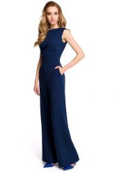 Elegancki Kombinezon z Szerokimi Nogawkami - Granatowy. Niebieskie kombinezony damskie MOE, l, bez wzorów, z elastanu, eleganckie, bez kołnierzyka, bez ramiączek. Za 263.90 zł.