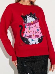 Bluza crewneck z motywem świątecznym - czerwony. Czerwone bluzy damskie Sinsay, l, bez wzorów, bez kaptura. W wyprzedaży za 24.99 zł.