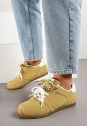 Żółte Sneakersy z Podwójnymi Sznurowadłami i Przeszyciami Teleritia. Żółte obuwie sportowe damskie Born2be, z materiału, bez zapięcia. Za 89.99 zł.