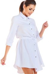 Sukienka koszulowa szmizjerka z asymetrycznym dołem biała. Białe sukienki damskie Sukienki.shop, bez wzorów, z elastanu, biznesowe, bez ramiączek. Za 249.00 zł.