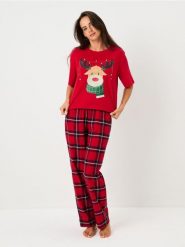 Świąteczna piżama dwuczęściowa z nadrukiem renifera - czerwony. Czerwone piżamy damskie Sinsay, bez wzorów, bez ramiączek. Za 59.99 zł.