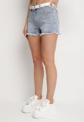 Jasnoniebieskie Szorty Jeansowe z Bawełny w Kropki z Wysokim Stanem Folelira. Niebieskie szorty damskie Born2be, bez wzorów, z bawełny, z podwyższonym stanem. Za 74.99 zł.