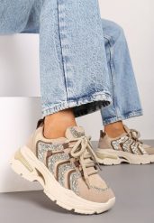 Ciemnobeżowe Brokatowe Sneakersy na Grubej Podeszwie Wlanna. Brązowe obuwie sportowe damskie Born2be, z materiału, bez zapięcia. Za 109.99 zł.