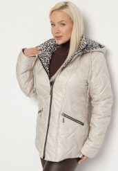 Ciemnoszara Pikowana Kurtka z Kapturem i Podszewką w Panterkę Felandre. Szare kurtki damskie Born2be, plus size, bez wzorów, z jeansu, z kapturem. Za 149.99 zł.