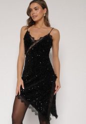 Czarna Sukienka o Asymetrycznym Kroju z Cekinami i Koronką Eldafera. Czarne sukienki damskie Born2be, z aplikacjami, z jeansu, eleganckie, bez ramiączek. Za 159.99 zł.